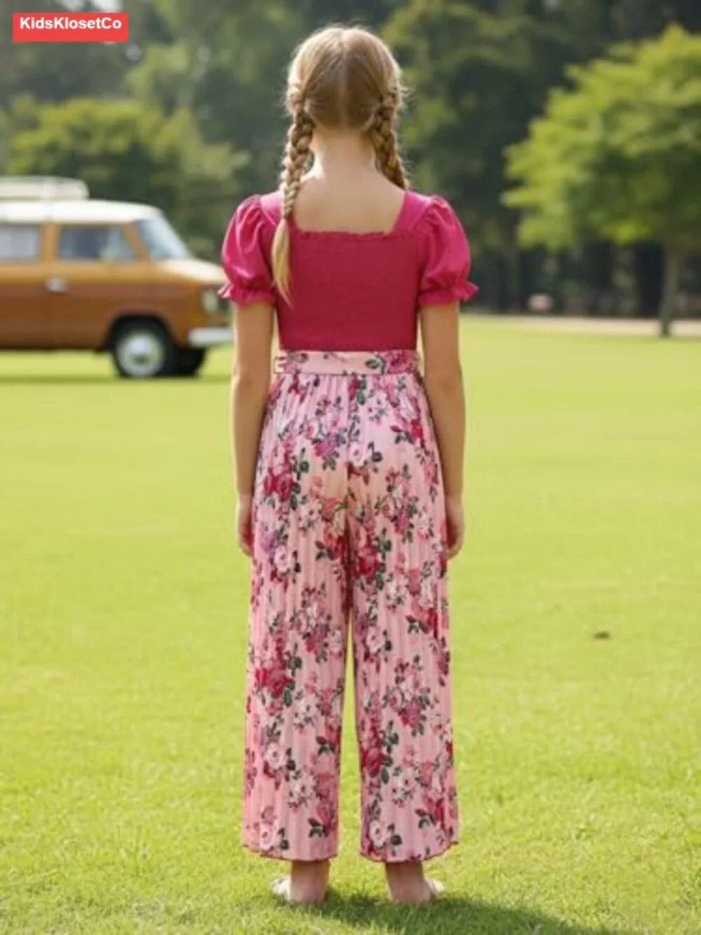 Girls Puff Sleeve Belted Wide Leg Jumpsuit Romper Floral Smocked